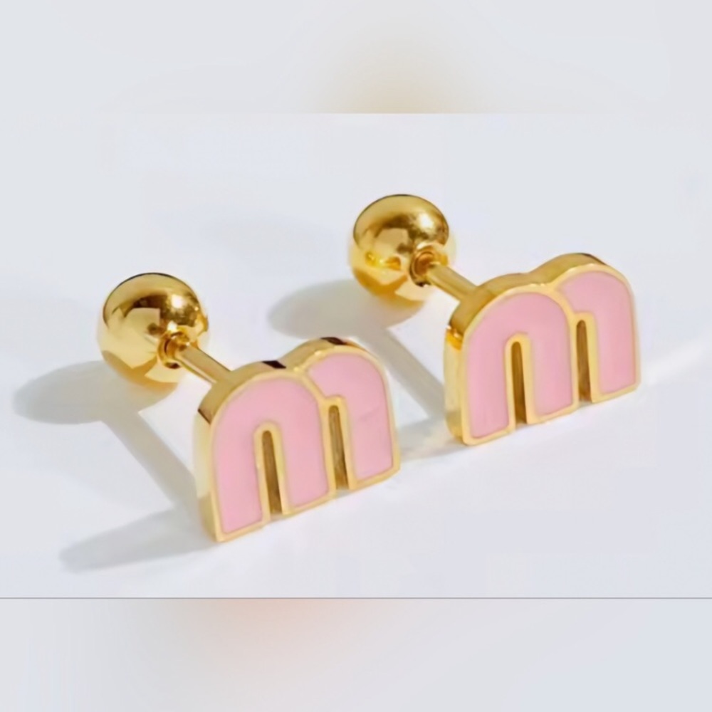 Gold and Pink Initial “ m “ Earrings - twist ball post closure - pierced - NEW